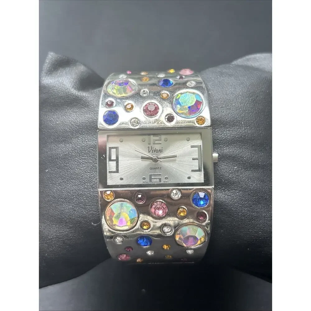 Vivani Silver Tone Multicolored Stones Women’s Cuff Watch
